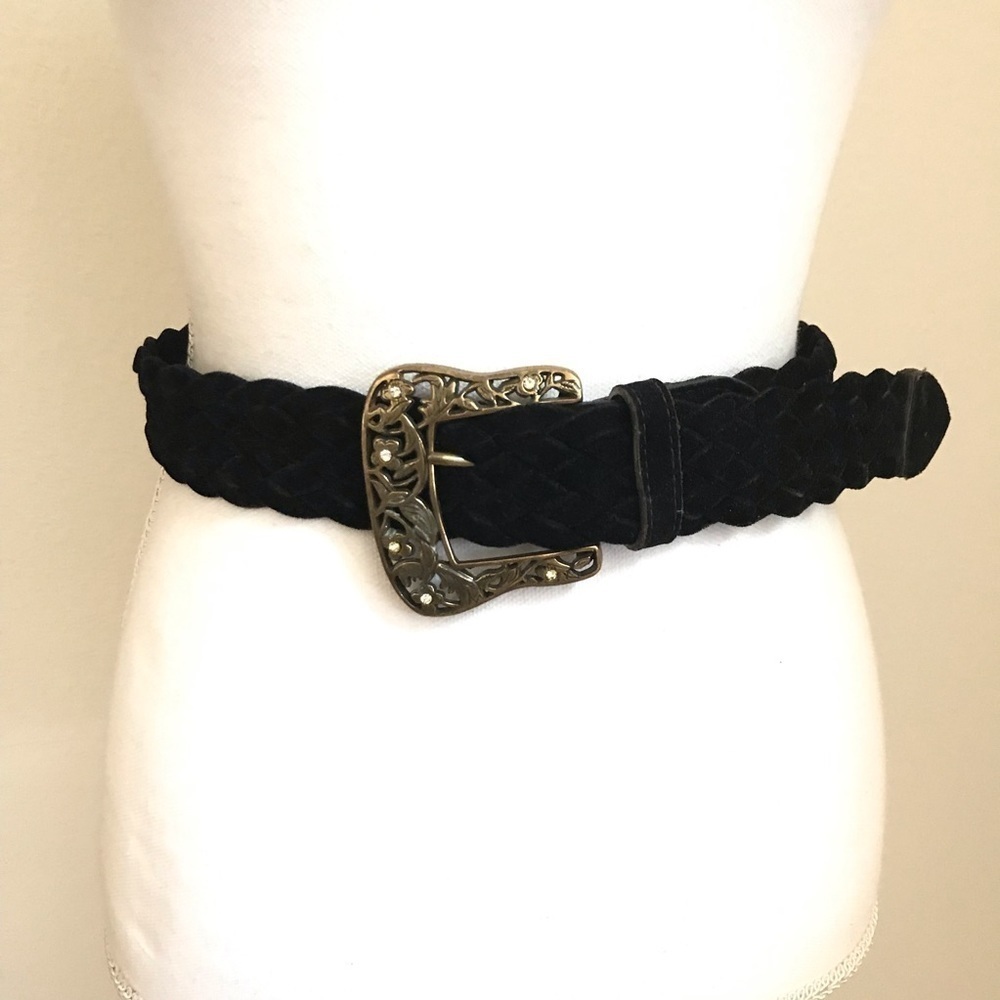 Braided Velour Belt w Brass Floral/Crystal Buckle